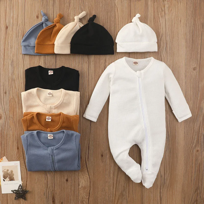 Trend Nest Store -Trend Nest Store Fall Baby Footies Toddler Girls Waffle Zipper Jumpsuits Infant Boys Long Sleeve Solid Romper with Hat