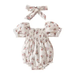 Elizabeth Romper & Matching Headwrap | Beige Florals - Affordable Baby