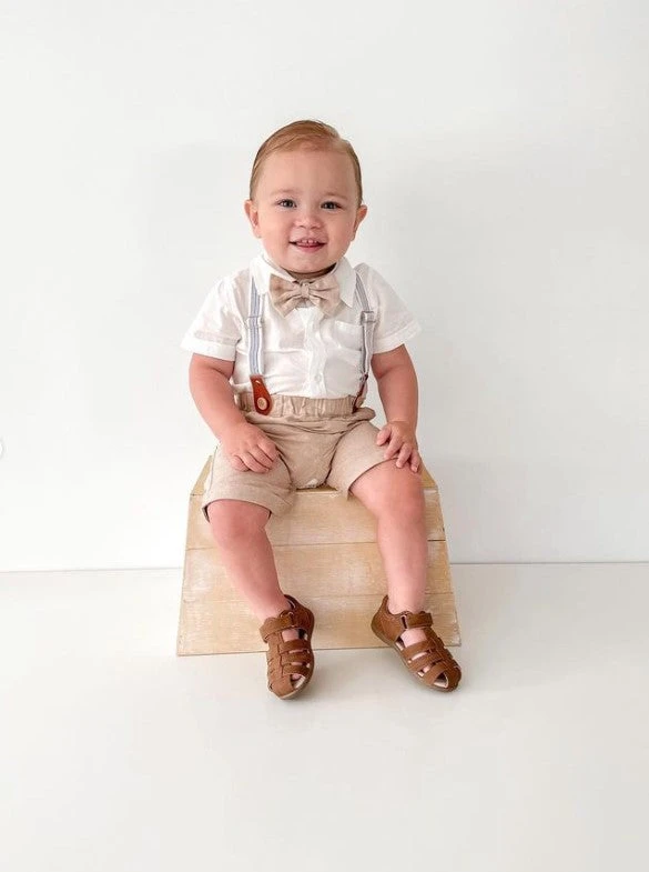 Arlo Bow Tie & Suspenders Set | Tan - Affordable Baby 6 Arlo Bow Tie & Suspenders Set | Tan - Affordable Baby - Image 4